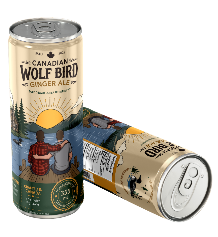 Two Canadian Wolf Bird ginger ale cans, front and back